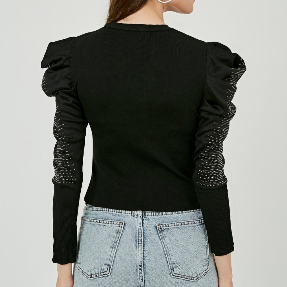 Zara Women's Black Sweater Medium Long Puff Sleeve Embellished Sparkly Knit Top - Picture 2 of 14